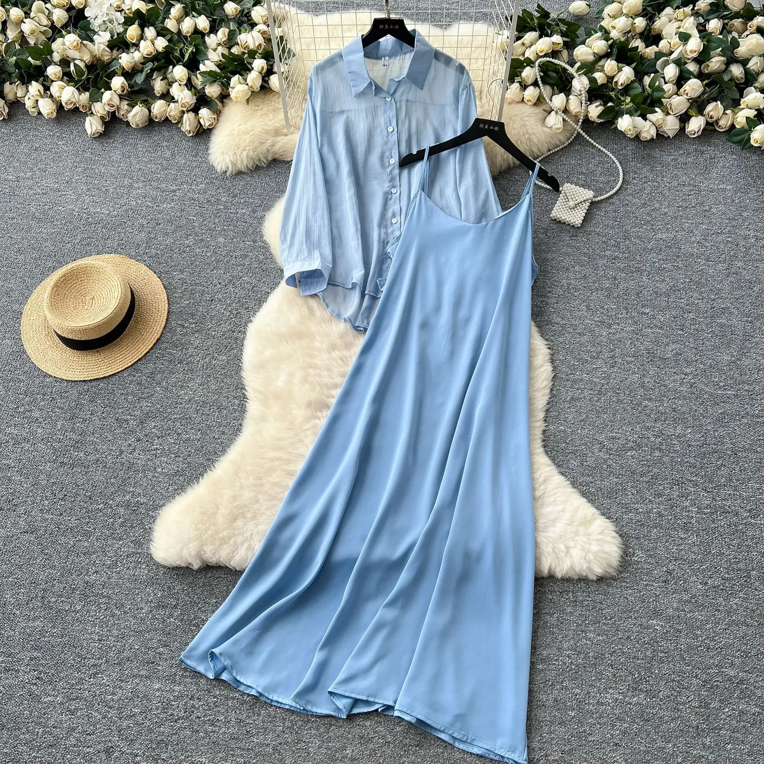

2025 Summer Temperament Two-Piece Set for Women's Niche Lazy Style Thin Loose Long Sleeve Sunscreen Jacket + Sling Dress
