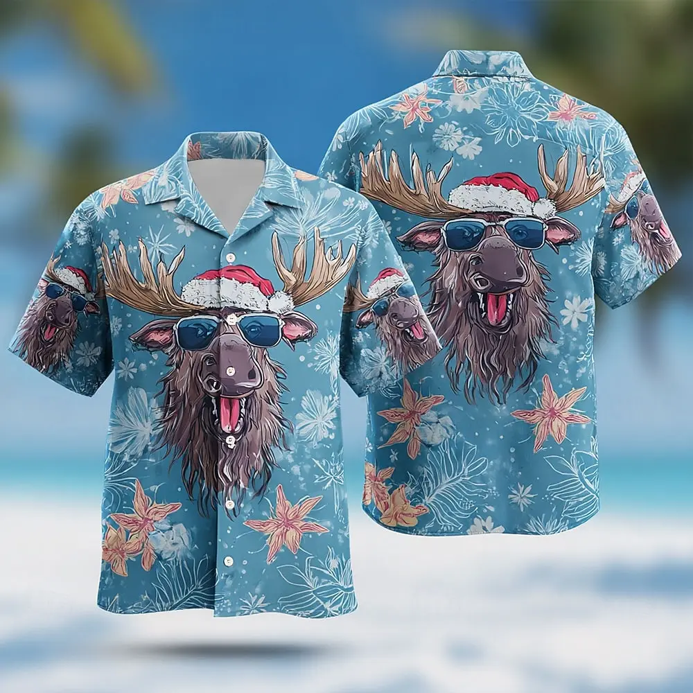 قميص رجالي بأكمام قصيرة برسومات الأيائل التجريدية وحفلات المهرجانات قمصان كاجوال مريحة بأزرار وطية صدر السترة ملابس عناصر عيد الميلاد #2