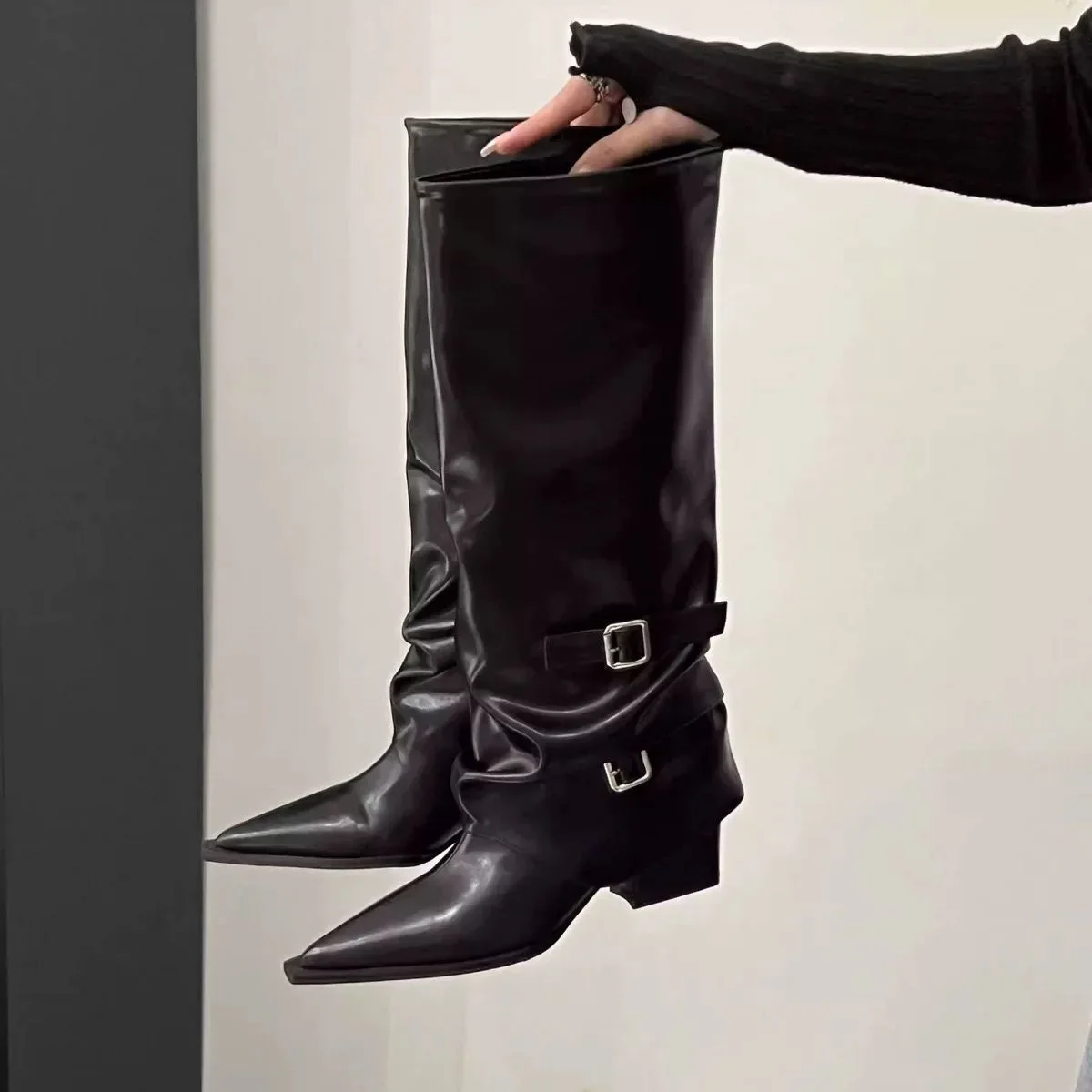 Vintage Damenstiefel mit Dickem Absatz, Frühling/Herbst, Elegante Ritterstiefel mit Gürtelschnalle – Detail 9