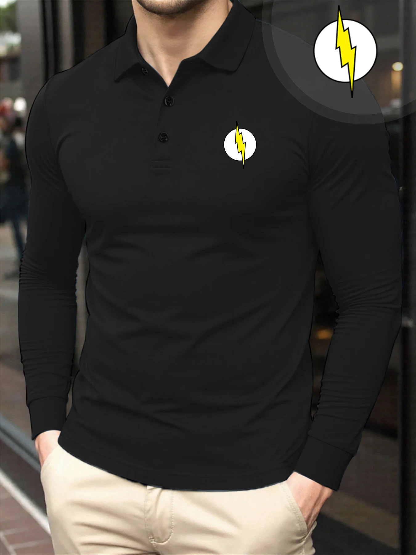 

Креативные мужские рубашки поло с графическим принтом молнии, мягкая осенняя футболка, винтажная удобная повседневная футболка с отложным воротником и длинными рукавами
