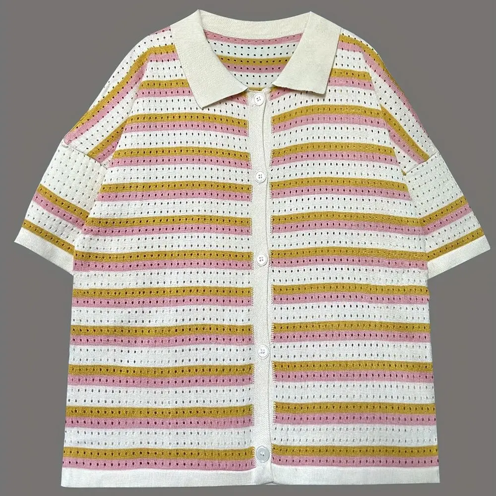 Loose Fit Knitted Shorts Set Mixed Color Stripe Short Sleeved Crochet Tops And Shorts Button Closure Contrast Color