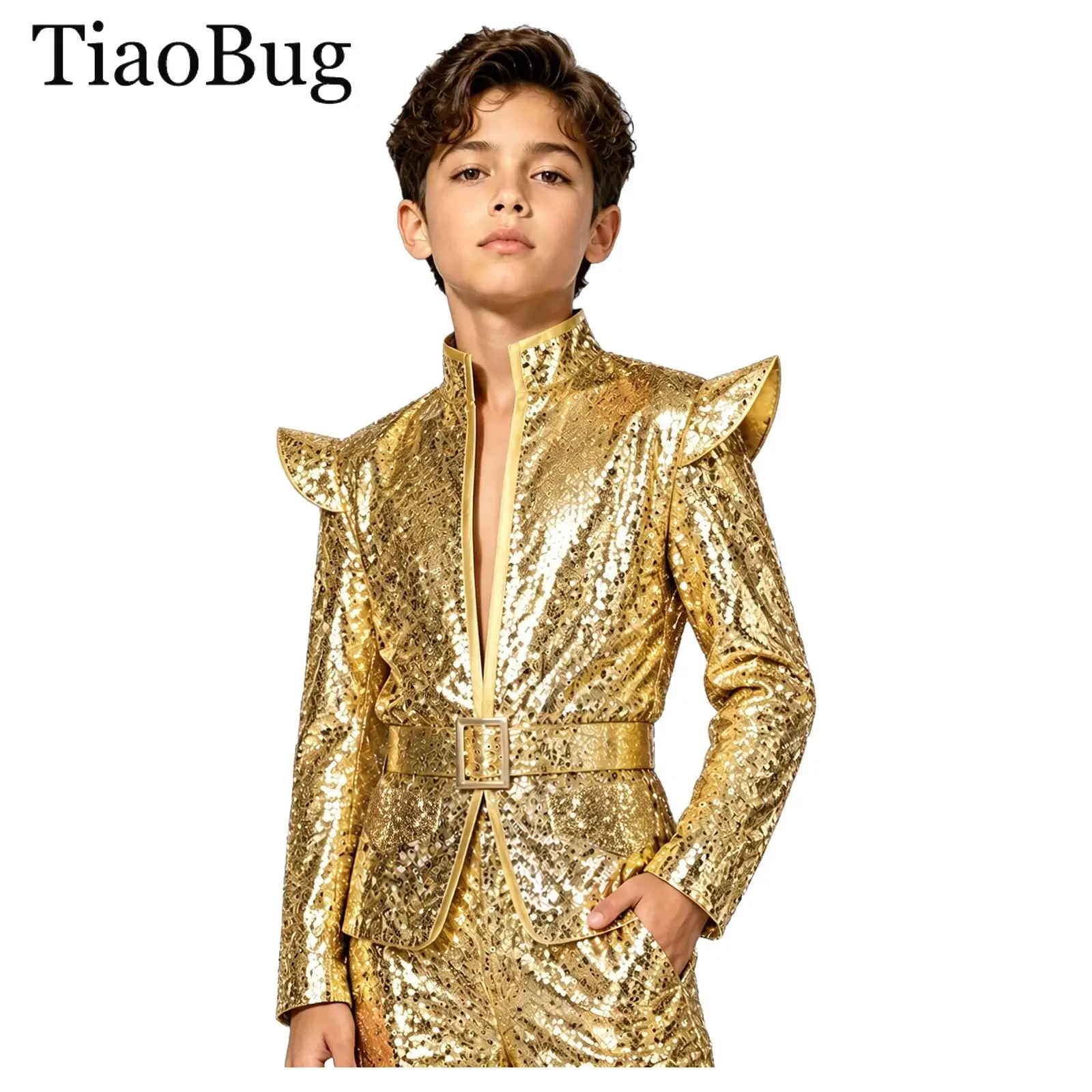 Kids Boys Glittery Sequins Jacket Tops Street Dance Disco Hip-hop Jazz Outwear Long Sleeve Shoulder Pad Blazer Coat with Belt