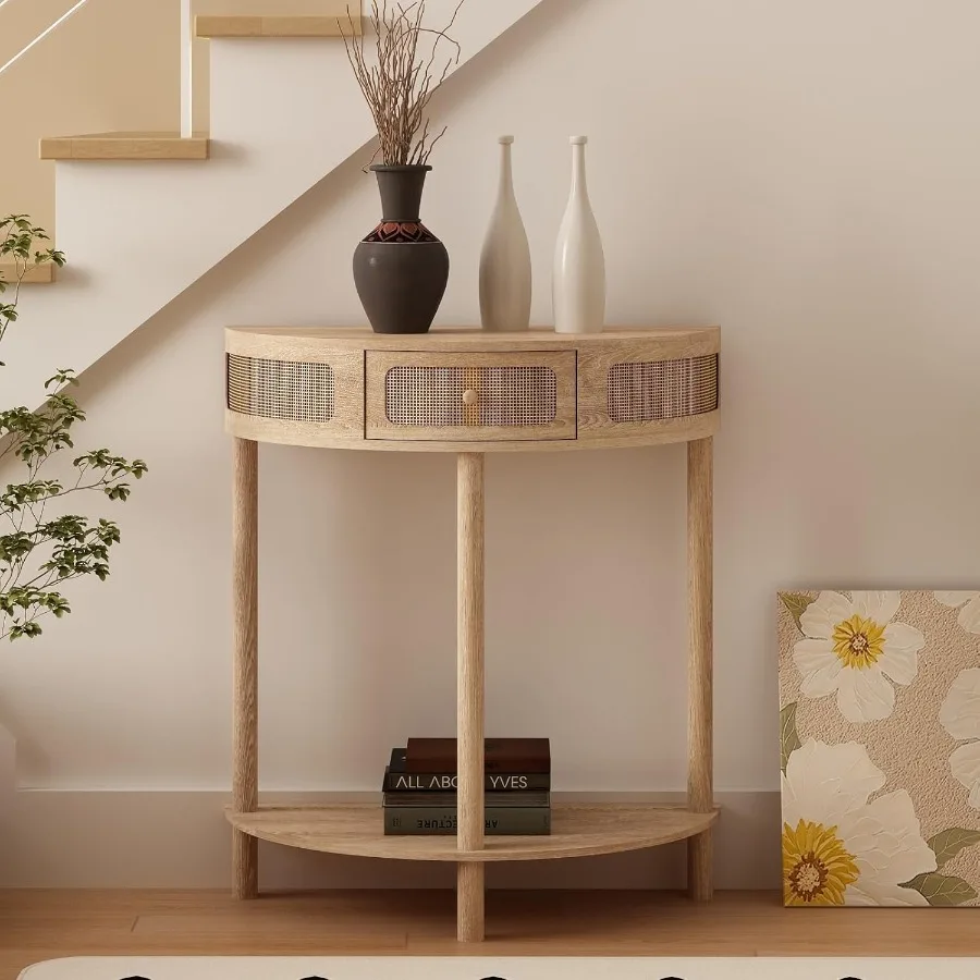 Rattan Half Moon Console Table Modern Entryway Table with Drawer Boho Sofa Table with Bottom Storage Shelf Small Semicircular T