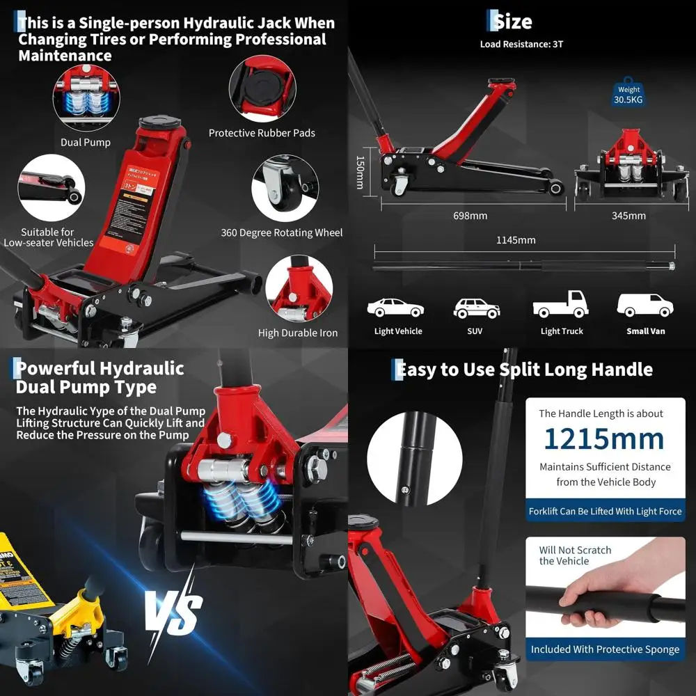 

Compact 1.5 Ton Heavy-Duty Hydraulic Car Jack with Dual Pump, 3-18 Lift, Aluminum Steel, 3300 lbs Capacity