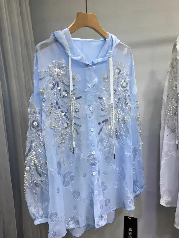 

Новые рубашки с капюшоном и вышивкой Sparkle Pearls Days, свободные женские блузки с длинными рукавами, повседневные солнцезащитные топы, блузки