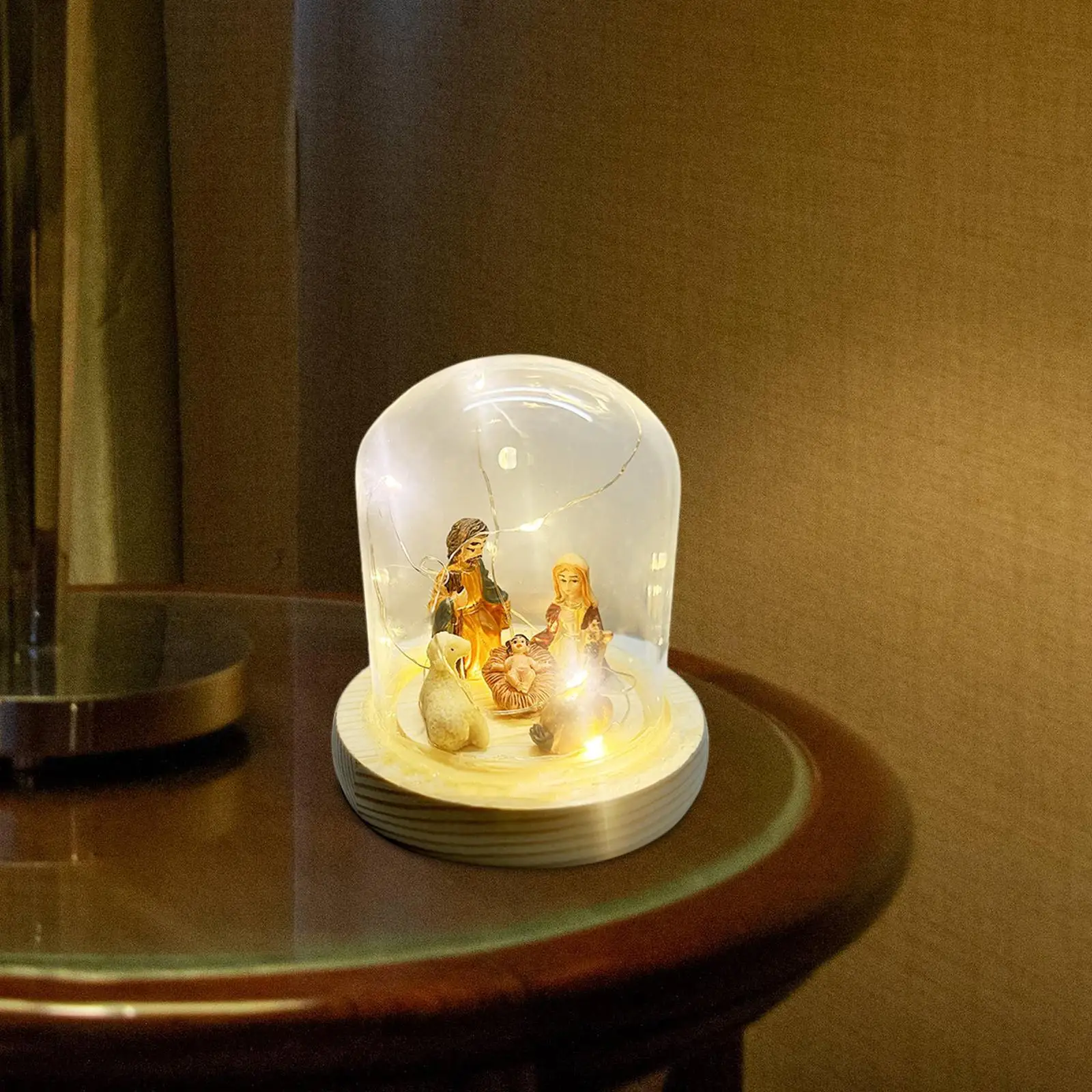 Resin Nativity Scene with LED Lights Clear Dome Wood Base Holy Family Figures for Christmas Decoration