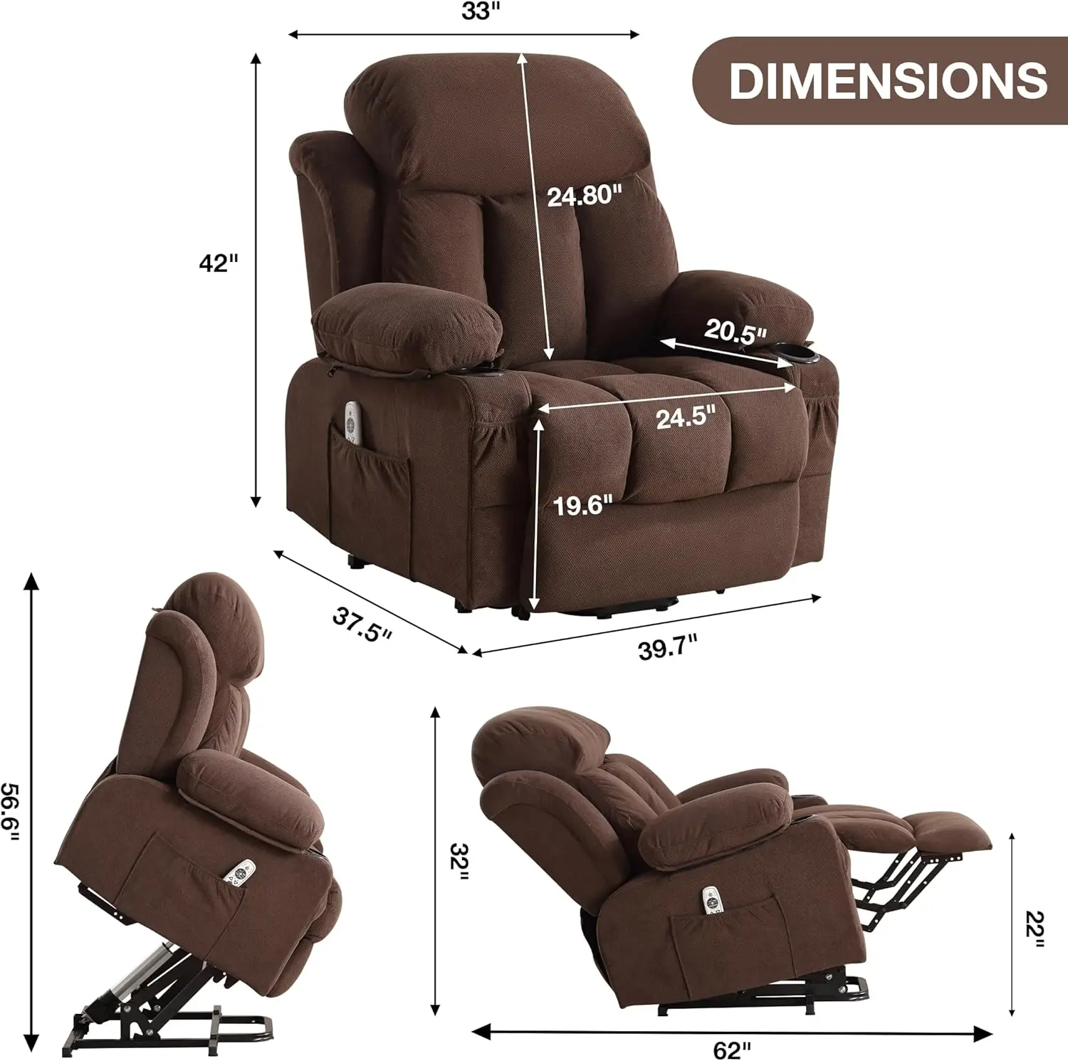 Power Lift Recliner Chair With Heat And Massage Electric Fabric Recliner Chair For Elderly With Side Pocket, Usb Charge Port,