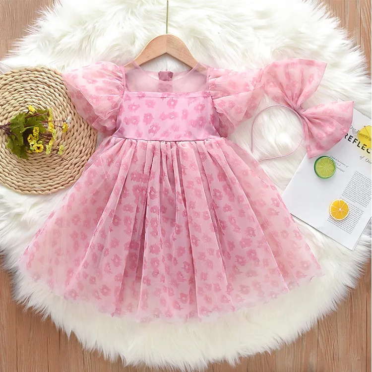 Summer Girl Pink Solid Color Mesh Dress with Headband Cute Casual Kids Clothes 1-12Y