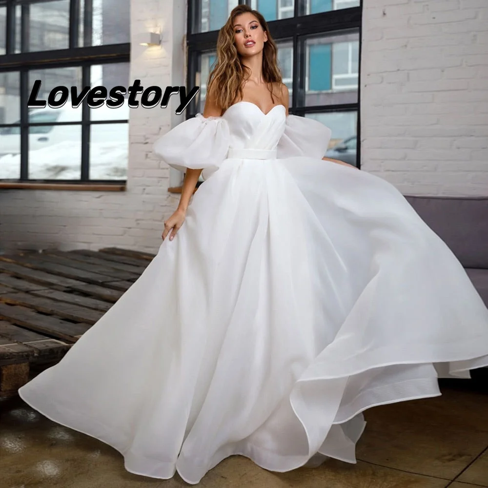 

Elegant Puffy Sleeve A-Line Wedding Dresses Off The Shoulder Bride Robe Sweetheart Back Lace Up Bridal Gown Vestido De Noiva