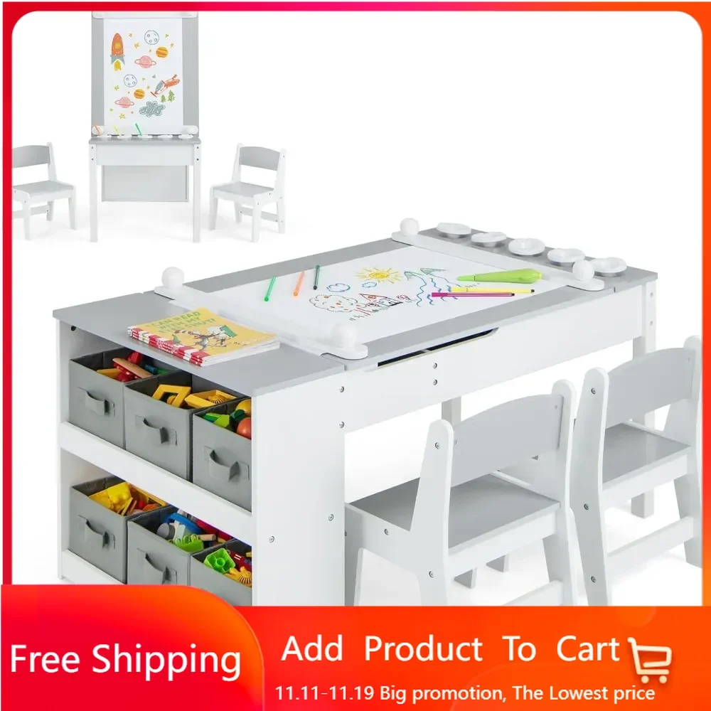 Conjunto de mesa e cadeira infantil, mesa de atividades de artes e ofícios de madeira 3 em 1 com rolo de papel, 6 copos de tinta e caixas de lona de armazenamento