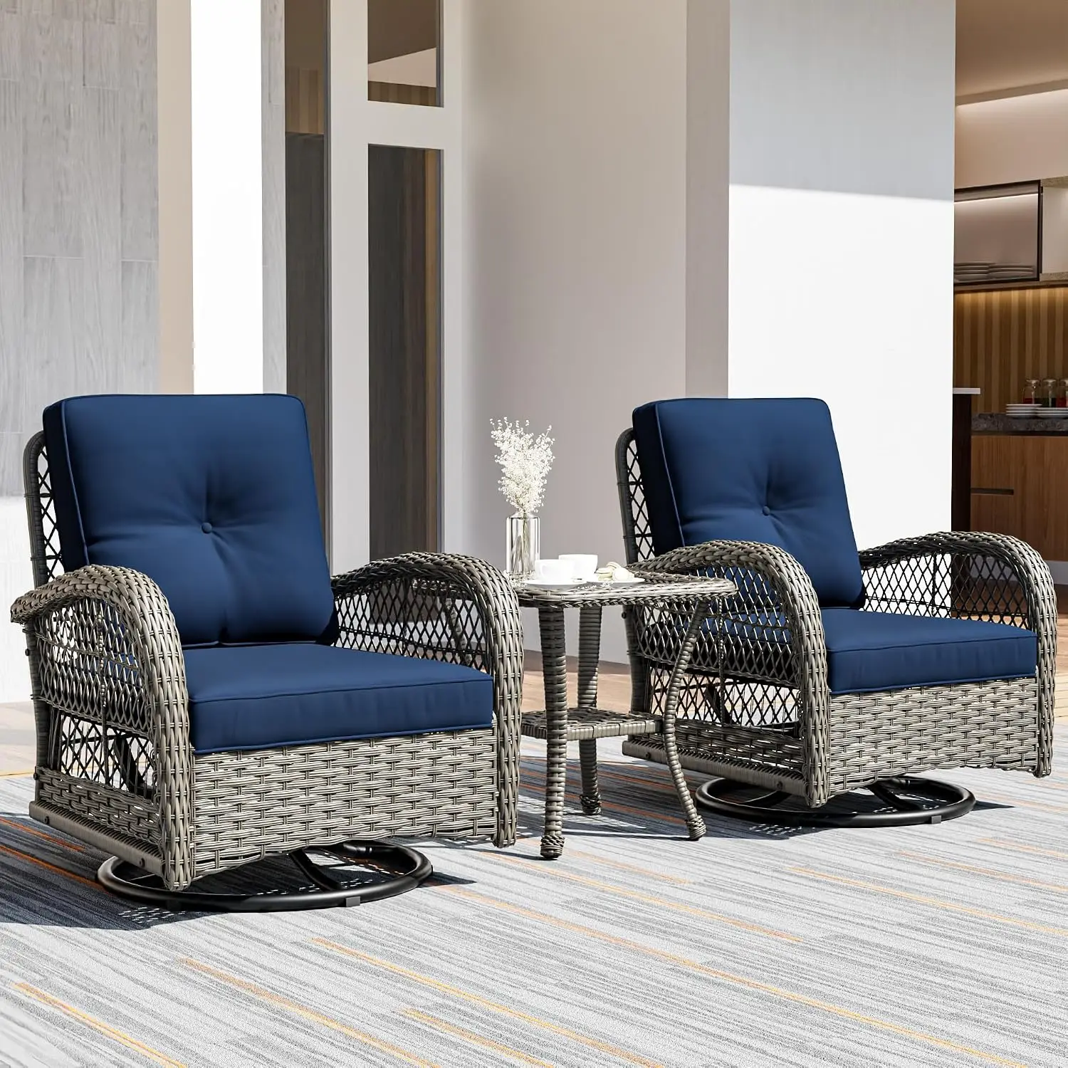 3-Piece Wicker Swivel Rocking Patio Chair Set with Side Coffee Table & Durable Fabric Cushion, Customized