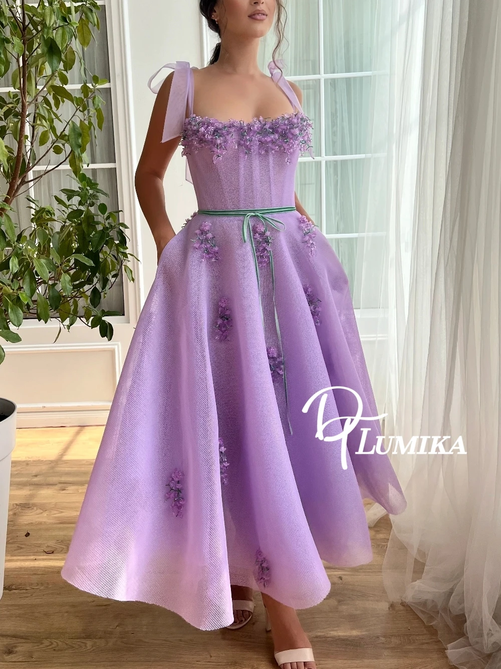 

Pastel Lavender Fairy A Line Prom Dress 3D Floral Embellished Bow Straps Sheer Mesh Cinched Waist Party Evening Gown Customized