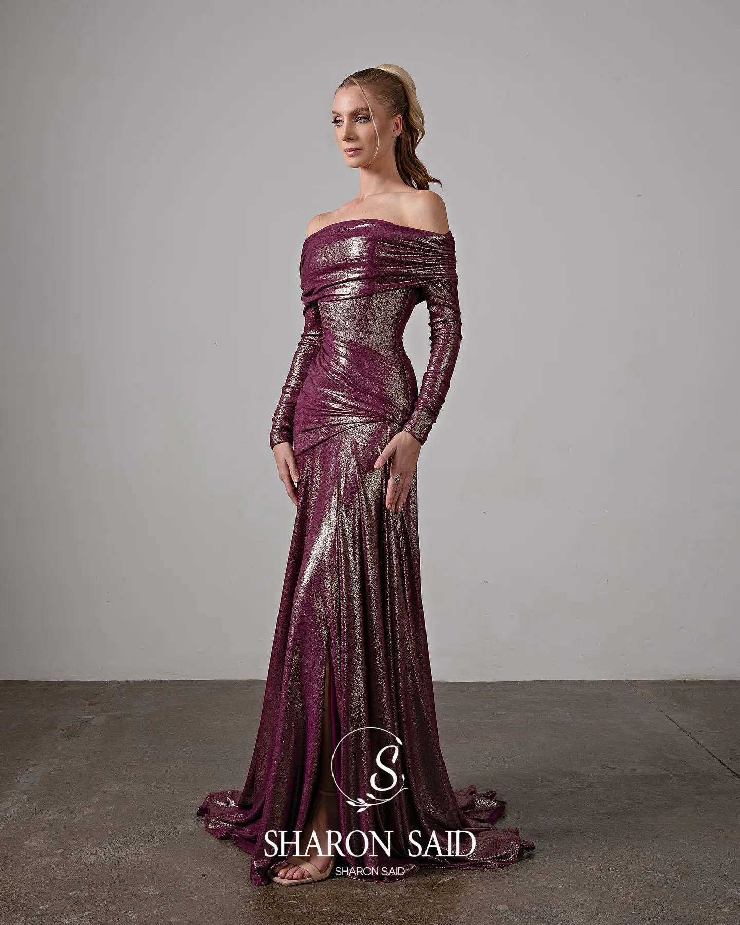 Sharon Said Purple Off Shoulder Mermaid Evening Dress with Long Sleeves for Women Wedding Party Formal Gown SF592 Customized