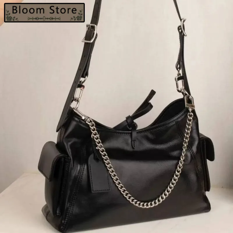 

Black Tied Chain Tote Women Leather Large Capacity Ing Shoulder Ladies Retro Sle Commute Casual Crossbody Bag 2025