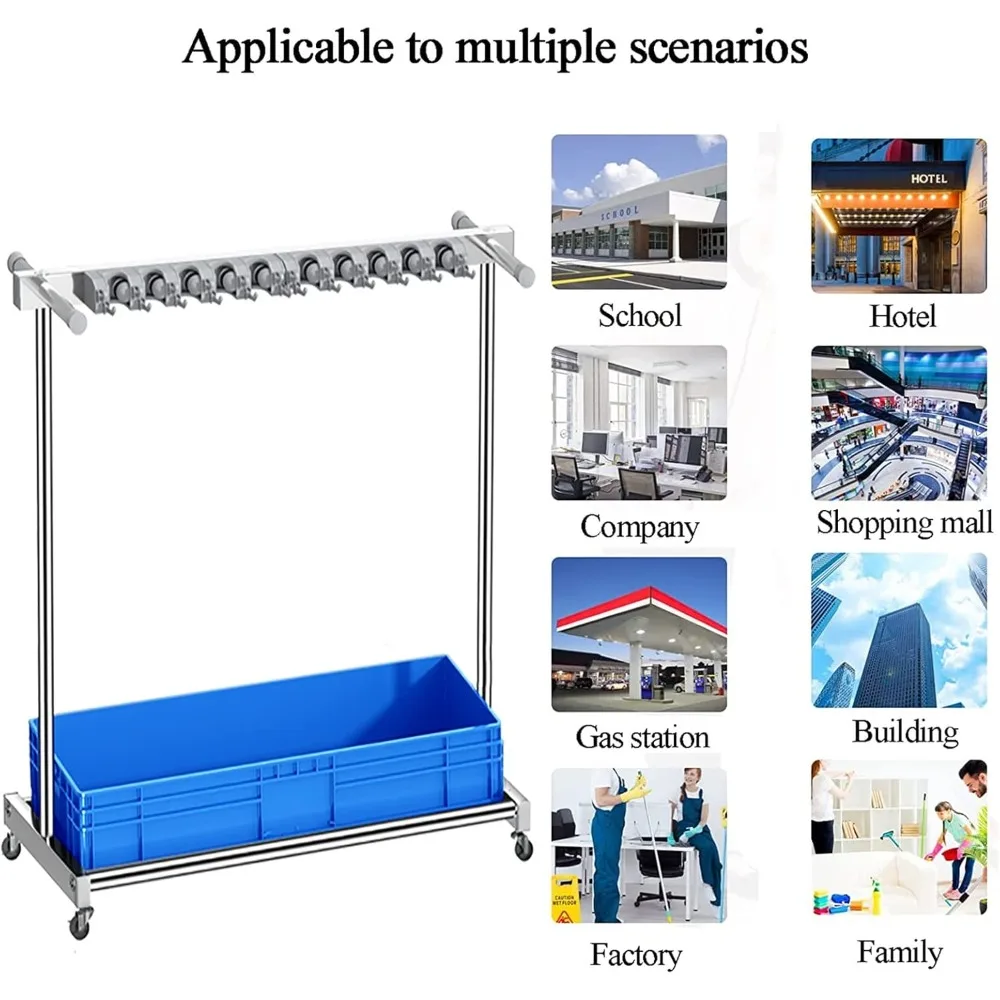 حامل ممسحة ومكنسة مثبت على الأرض، عربة تنظيف تجارية محمولة، حامل مظلة، رف تجفيف الممسحة