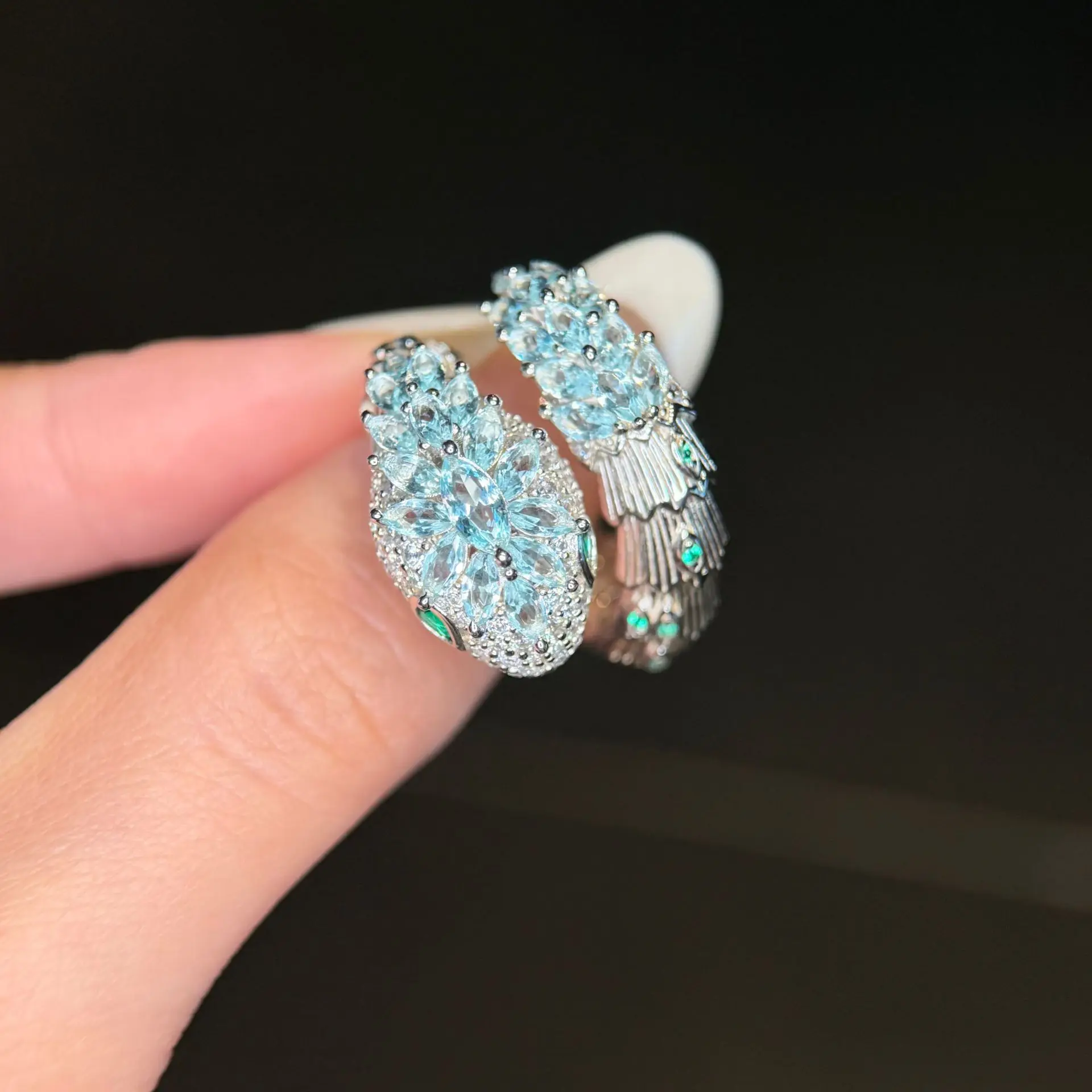 Paraiba Tourmaline Color Cubic Zirconia Snake Ring S925 Sterling Silver Ring Engagement Daily Luxury Jewelry For Men And Women