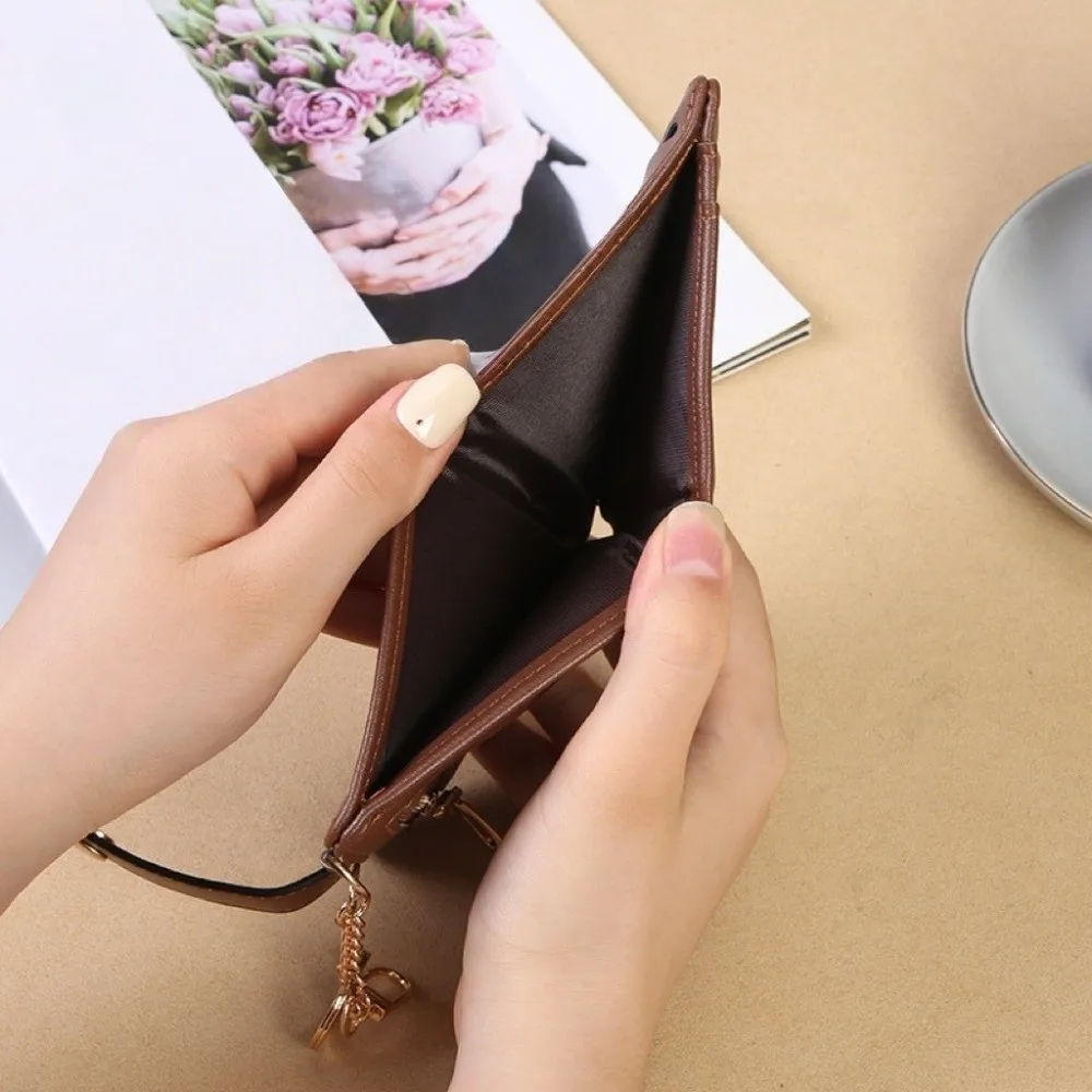 Creative Card Holder Short Trifold Wallet Multifunction PU Leather Hangging Card Bag with Keychain Portable Pocket Purse Outdoor
