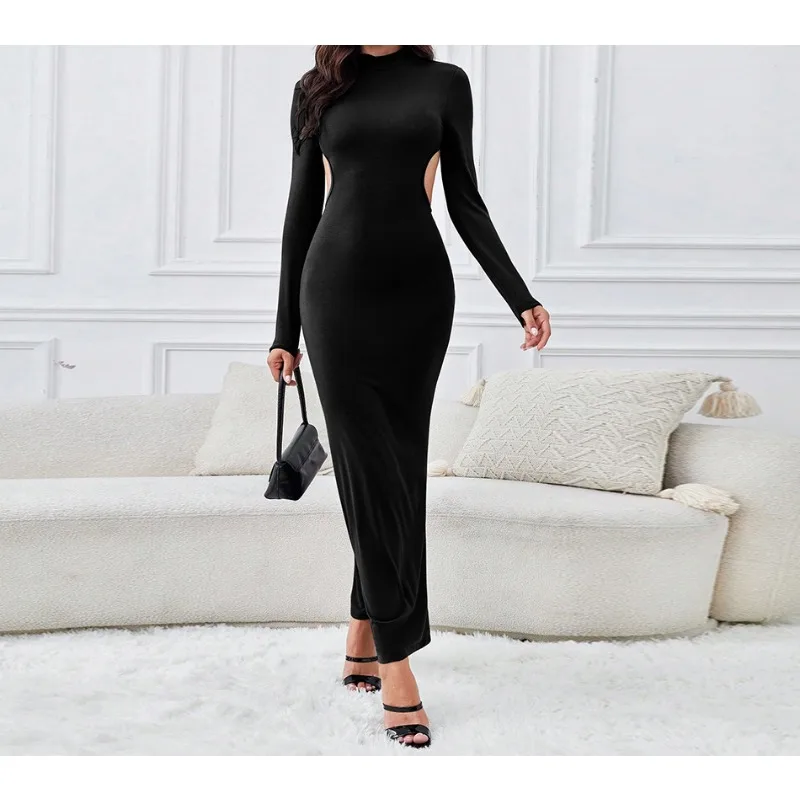 

Women's Elegant Slim Round Neck Fashion Long Sleeve Dress Autumn & Winter Temperament Woman Backless Sexy High Waist Dresses