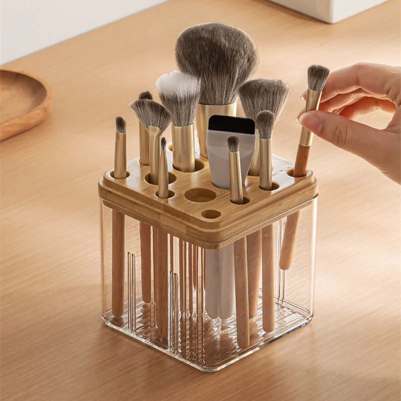 Organizador de cosméticos acrílico de madera a prueba de polvo para brochas de maquillaje y lápiz labial, caja de almacenamiento de brochas de maquillaje de varios niveles con soporte para teléfono