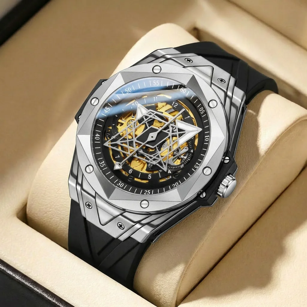 

1pcs Men's black dial silicone strap vintage fashion tonneau skeleton sporty details Mechanical Watch for business party holiday