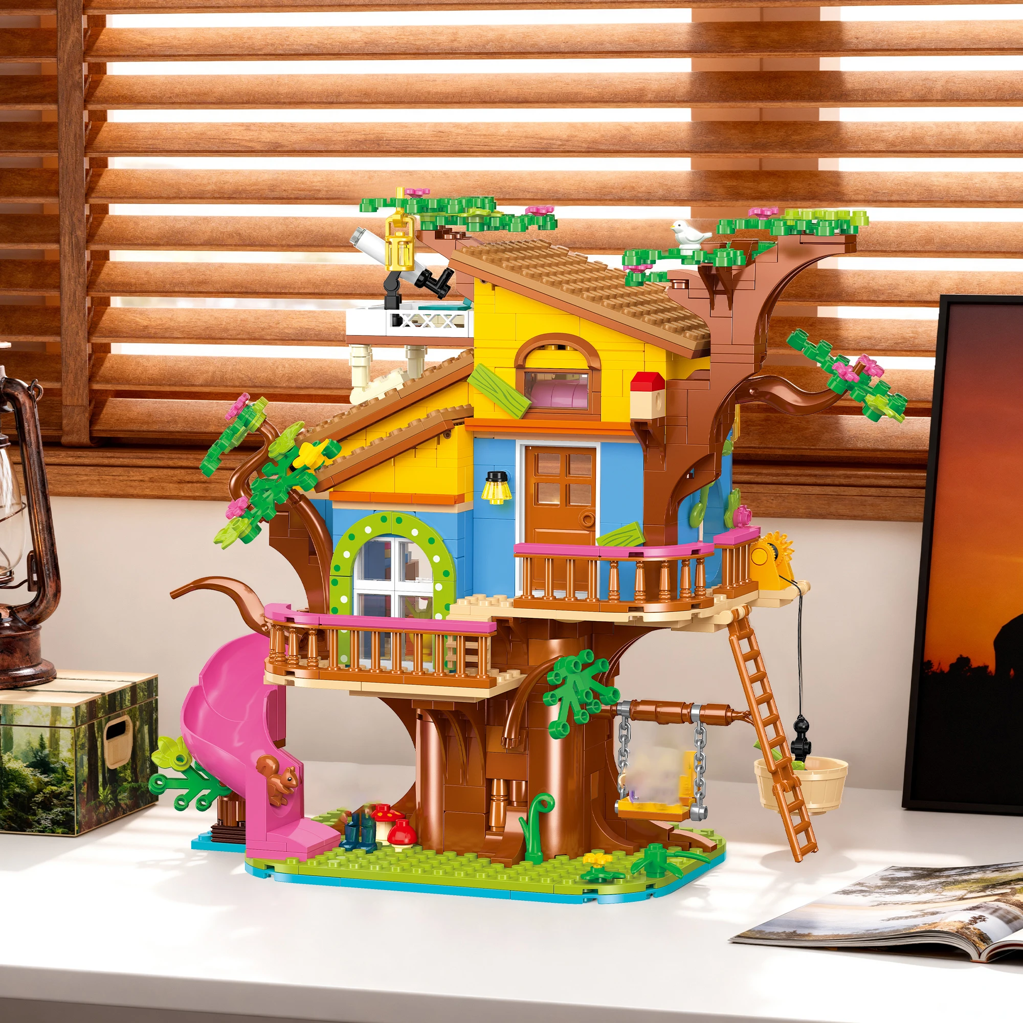 

Treehouse Adventure Building Blocks Set Colorful Bricks with Telescope Swing Basket Educational STEM Toys Kid Creative Play Gift