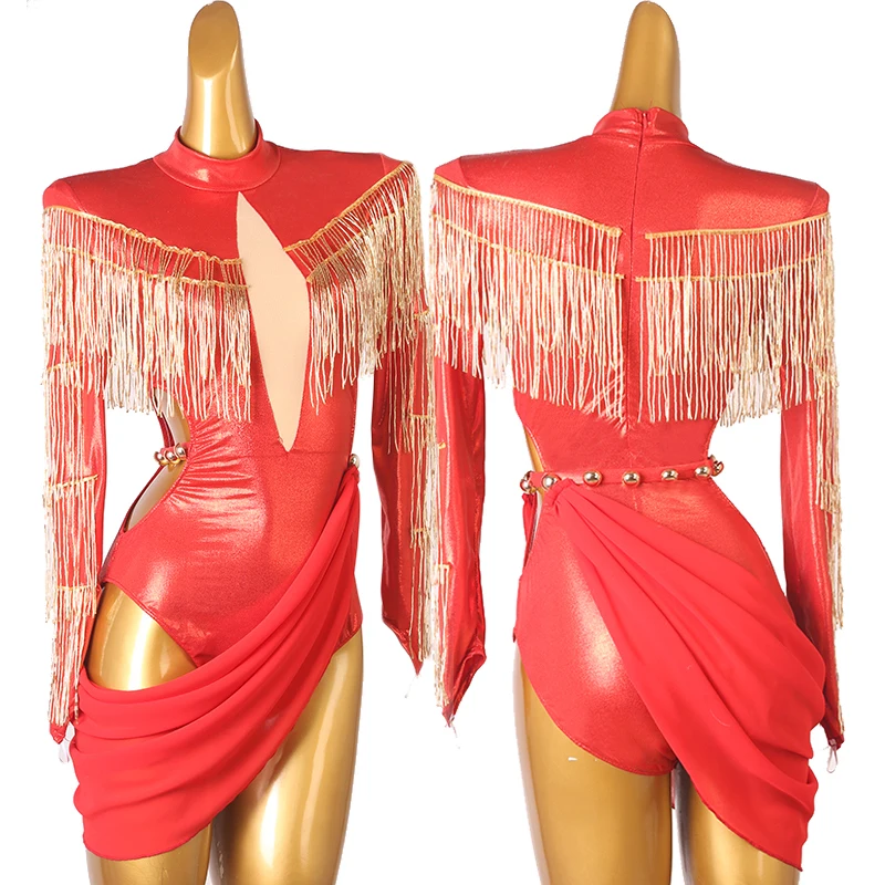 

Women's Latin Dance Dress Competition Performance Clothing Long Sleeve Red Dancing Outfit Adult Latin Dance Show Stage Wear 4949