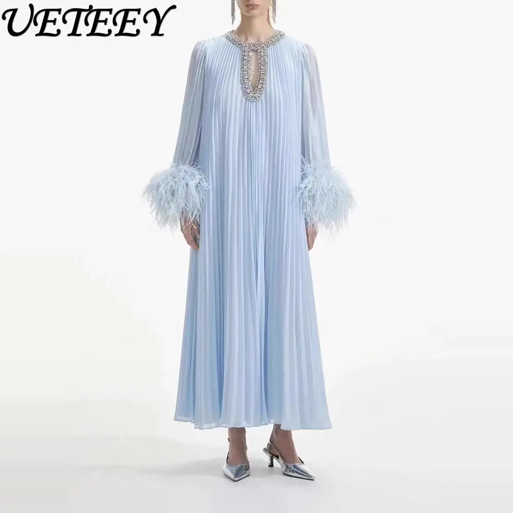 Fashion Temperament Celebrity Style Cuffs Ostrich Hair Decorative Dress Heavy Industry Neckline Diamond Loose Long Dresses