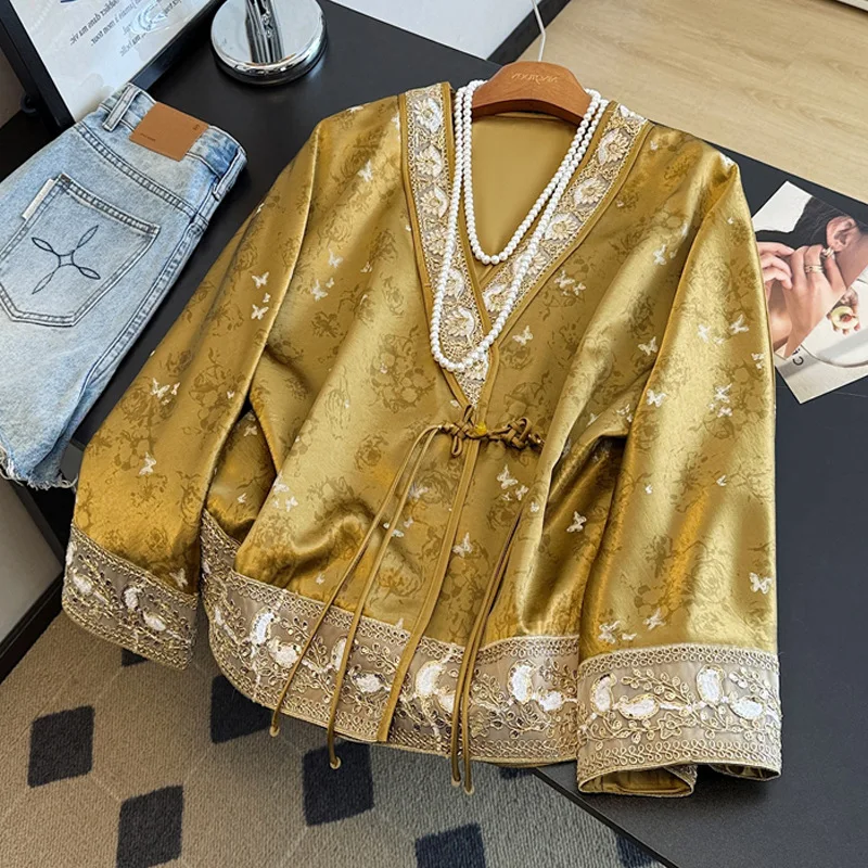 

Новая одежда в китайском стиле Тан, улучшенное пальто ханьфу, женская куртка Song Jin с v-образным вырезом, жаккардовый топ из искусственного шелка Ципао, костюм с длинными рукавами