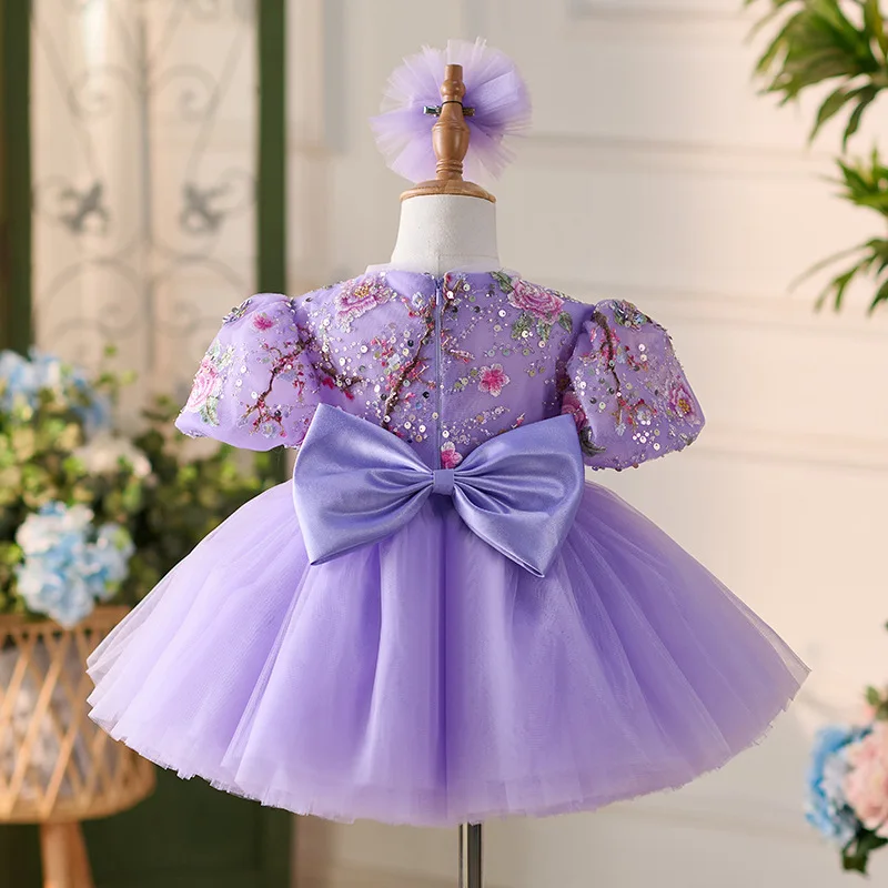 Hochwertiges, flauschiges Prinzessinnenkleid mit Schleife für Mädchen, Paillettenstickerei, Baby-Geburtstagskleider, Teenager-Ballkleid, Kinder-Hochzeitskleidung