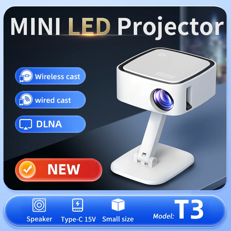 

LJD T3 Small projector, 720P resolution, built-in speaker, support for mobile power, small size, remote control, removable base