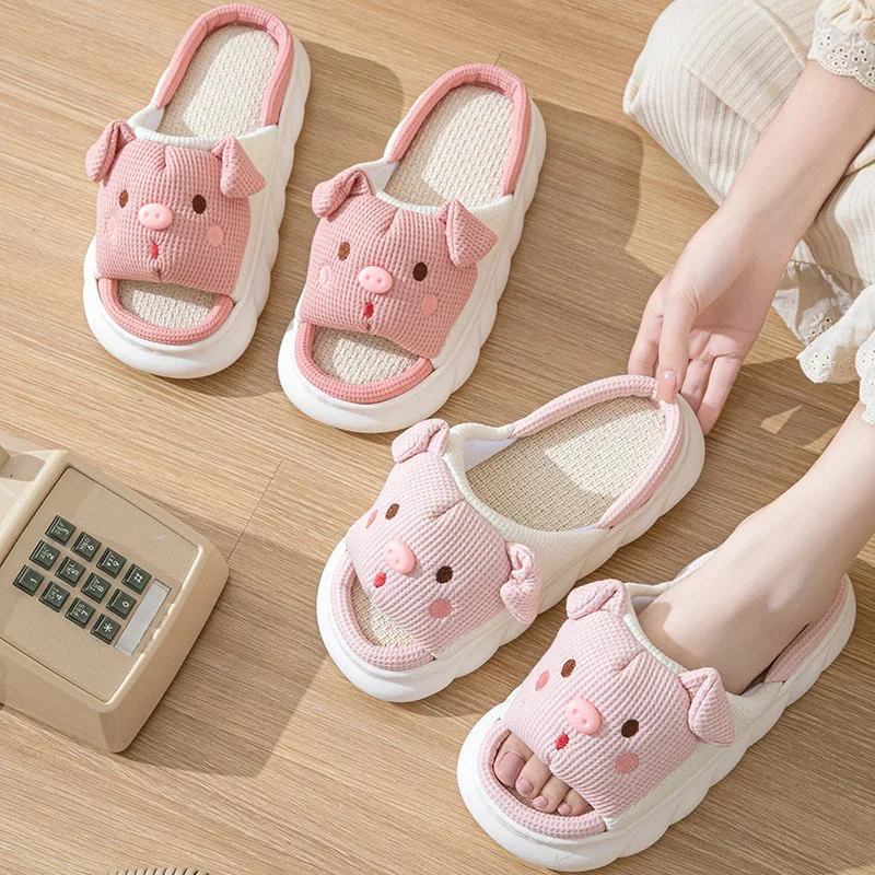 2024 New Pink 3.5cm Fashion Soft Ladies Casual Cute Piggy Pattern Design comode pantofole da casa in lino femminile