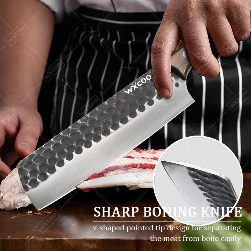 WXCOO Multifunctional Knife for BBQ Wooden Handle Meat Cleaver Chef Fruit Slicing Bottle Opener Butcher Knife Cooking