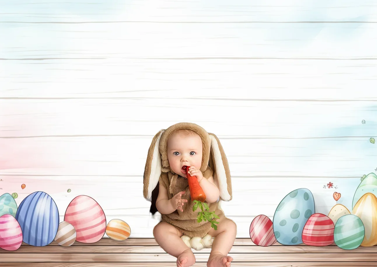 Spring Easter Photography Backdrop Easter Egg White Wood Vibrant Whimsical Doodle Baby Birthday Portrait Background Photo Studio