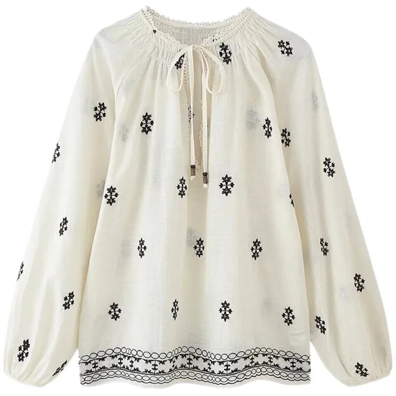 قميص نسائي صيفي جديد لعام 2025 بأكمام طويلة مزين بالتطريز وتصميم متعدد الألوان فضفاض متعدد الاستخدامات مصنوع من مواد أخرى 00%