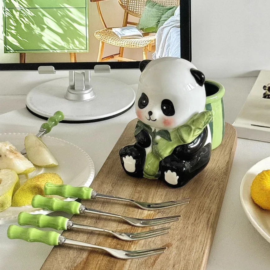 

Bamboo Panda Fruit Fork Set 304 Stainless Steel Dessert Cake Forks with Storage Jar