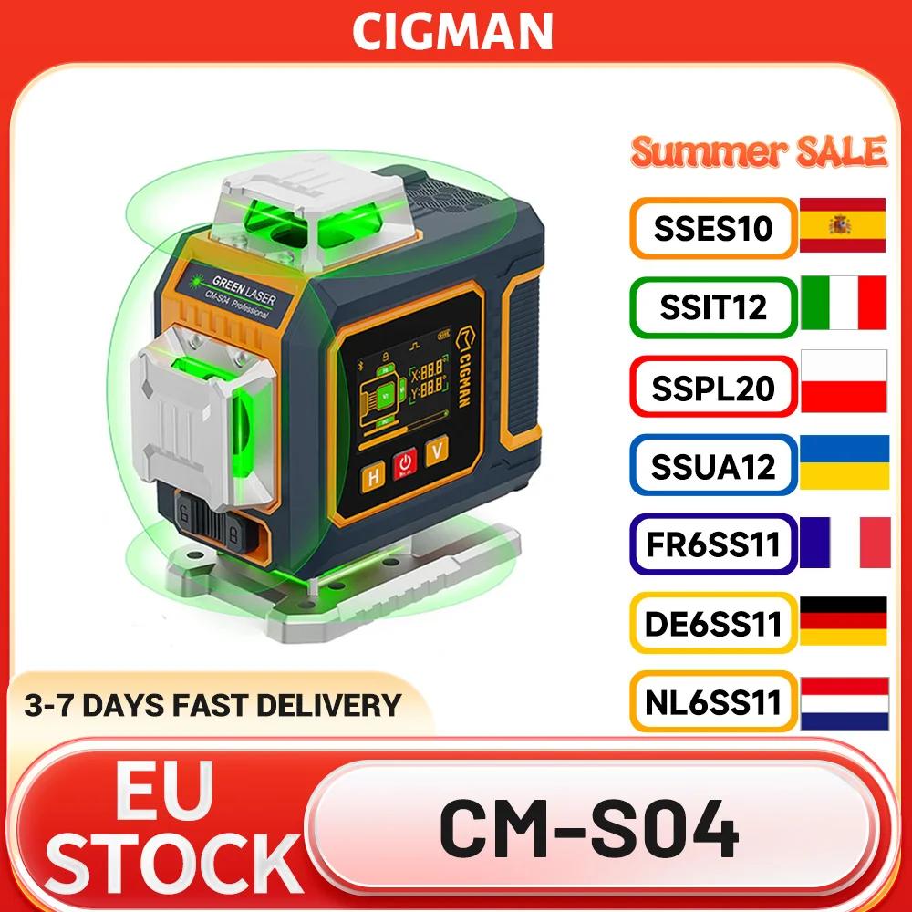 Niveau laser CIGMAN CM-S04 à 16 lignes avec écran LCD, auto-nivelant, 4×360 °   Faisceau vert, précision élevée ±1,5 mm/5 m, 2 batteries 2600 mAh