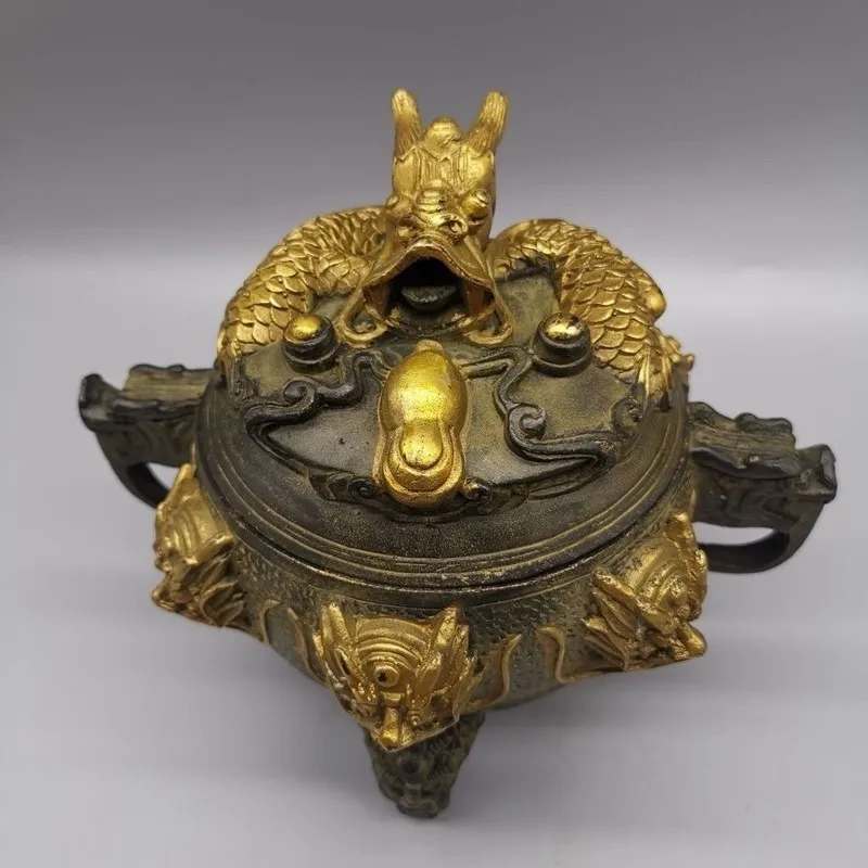 Gilt copper nine-dragon , collectible copperware, home decoration craft ornament, three-legged incense burner deco