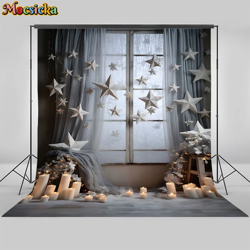 Mocsicka Christmas Photography Background Window Xmas Tree Stars Decoration Adult Children Portrait Photo Backdrops Studio Props