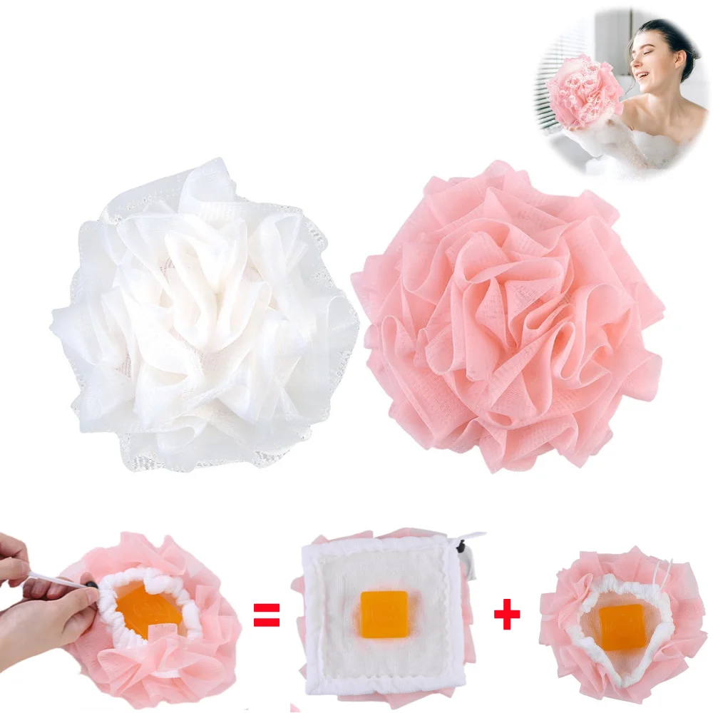 2 in 1 Bath Loofah Sponge with Drawstring Bath Ball Bath Loofah Shower Washcloth Set for Women Men