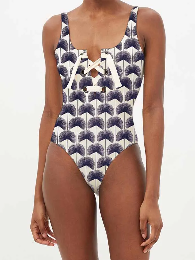 2023 Ginkgo Art Print Backless Bathing Suit Deep V Designer Swimsuit Elegance Sexy Fashion Bikini Woman Summer Beach Straps