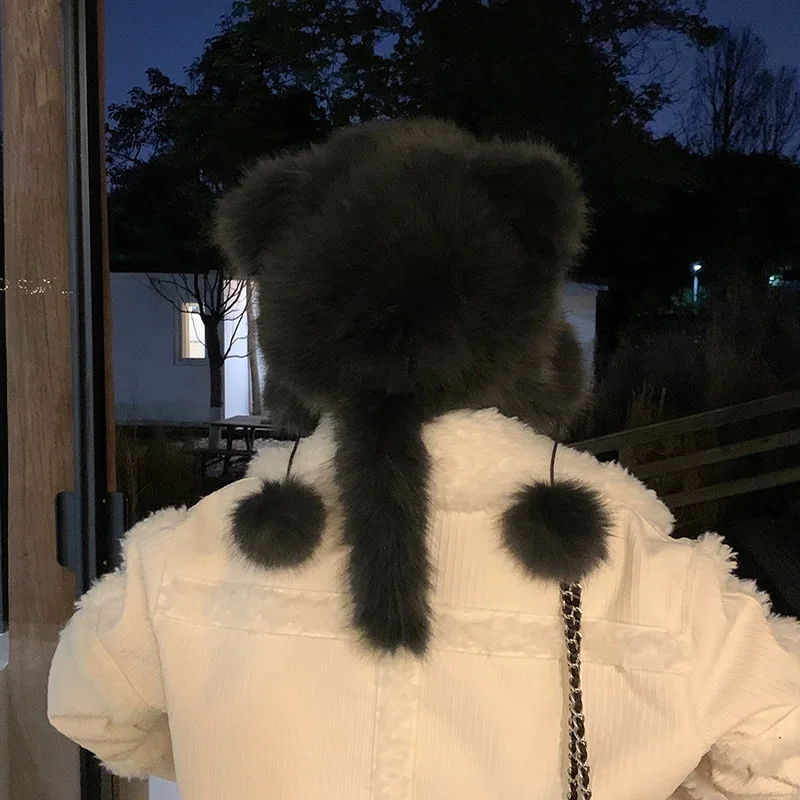 New Cute Furry Little Bear Fur Earflap Hat Windproof Lei Feng Hats Winter For Women Luxury Warmth Ear Protection Warm Plush Caps