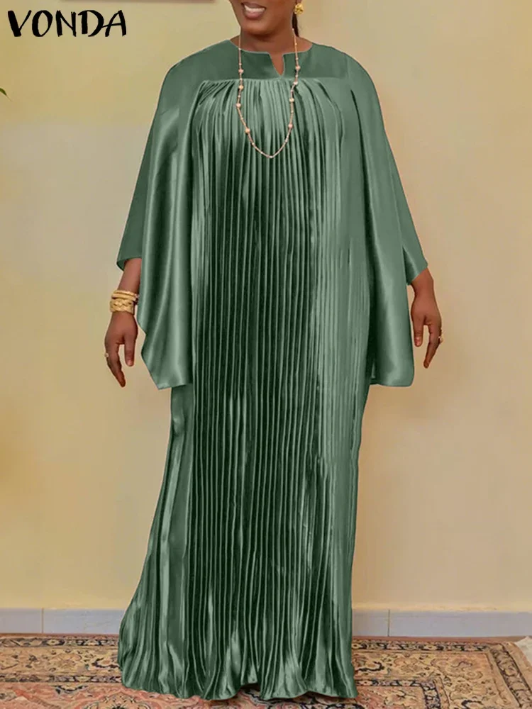 

2025 VONDA Elegant Wedding Party Dresses Women Long Bat Sleeve Pleated Ruffled Maxi Robe Solid Satin Long Vestidos Plus Size 5XL