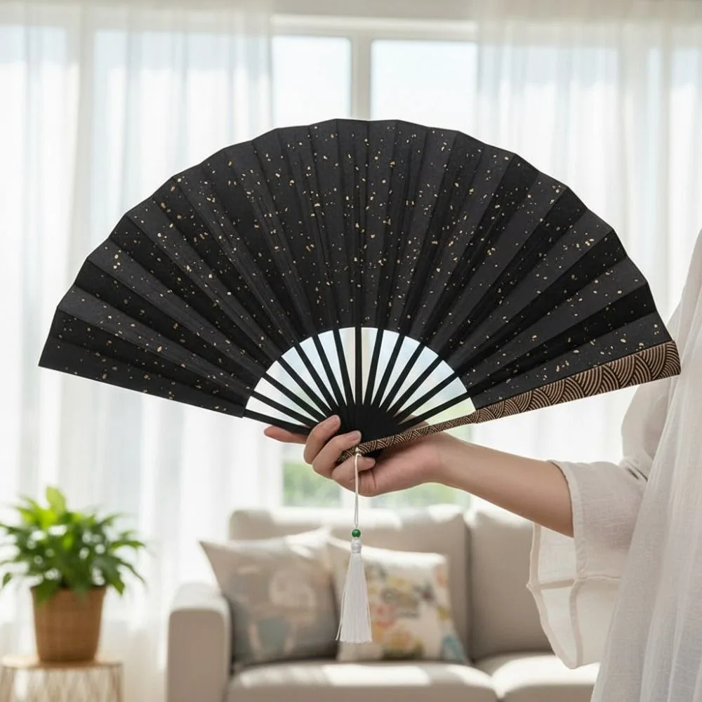 Sprinkled Gold Cloud Pattern Handle Folding Fan with Tassel 10 in Men Hand Fan Silk Cloth Fan Panel Carved