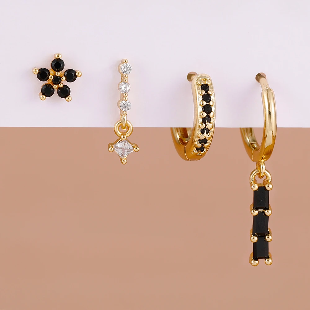 4PCS Fashion Stainless Steel Black Zirconia Geometry Drop Earrings Set For Women Flower Ear Stud Korean Fashion Jewelry aretes