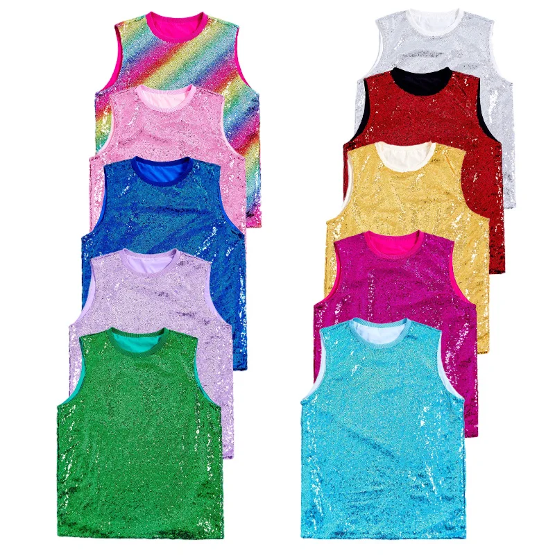 Sequin Tank Top for Men Women,Round Neck Glitter Vest, Nightclub Party Stage Performance Shiny Costume Tops, Loose‑fit Eu Size