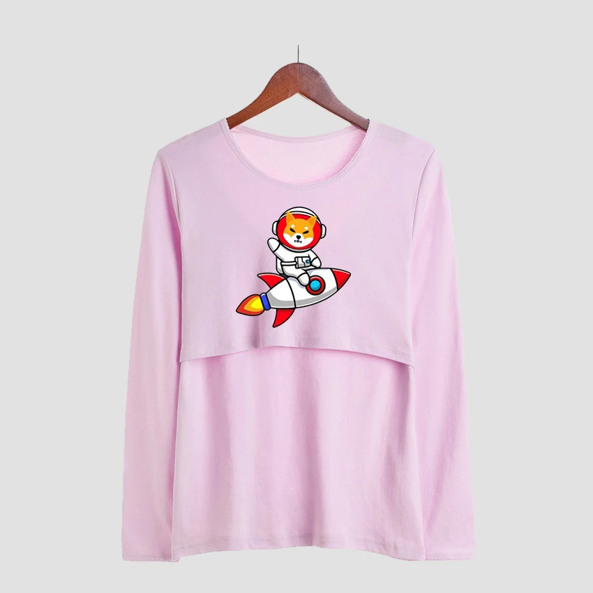 Camisetas de maternidad con estampado de gato en nave espacial para mujer embarazada, ropa divertida de lactancia materna, manga larga, Tops de embarazo