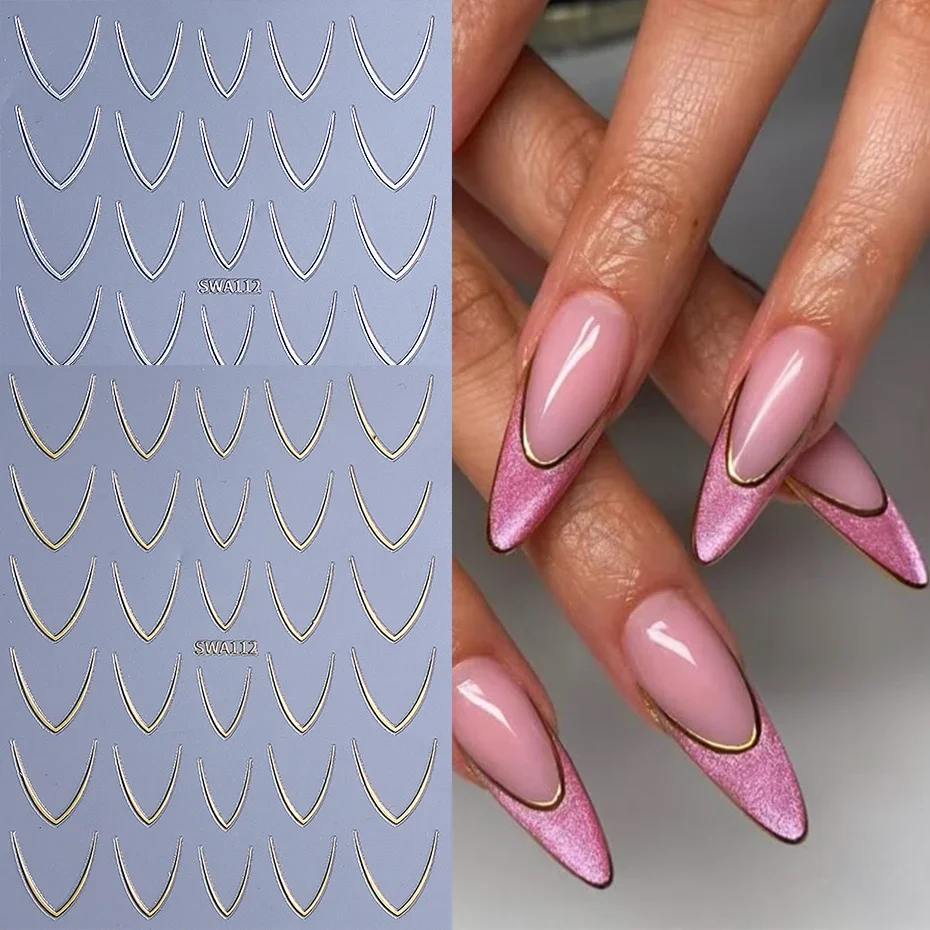 2pcs Gold Silver French Line Nail Stickers V-shaped French Simple Line Charm Foils Arc Design DIY Adhesive Decals Manicure Decor