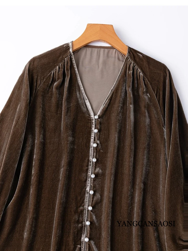 Women's Fashion Clothing Advanced Tea Brown 30% Natural Mulberry Silk Velvet V-neck Raglan Sleeves Loose Pearl Button Shirt