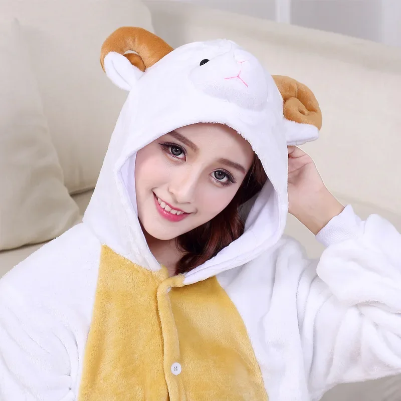 Animal Goat Kigurumis Adult Onesie Cartoon Pajamas Flannel Warm Lovely Party Suit White Sheep Sleepwear Women Pyjamas New