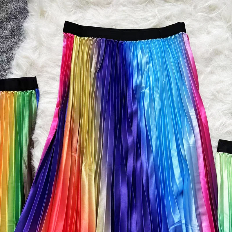 New Summer Elegant Rainbow Floral Printing Long Skirt Women Sexy High Waist Midi Skirts Office Lady Bodycon A Line Skirts